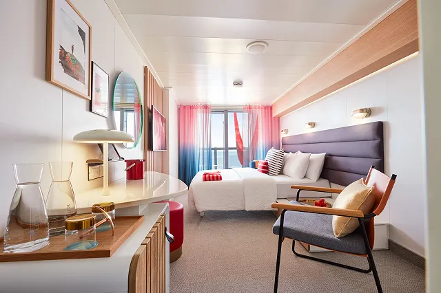 a cabin on a virgin voyages cruise ship