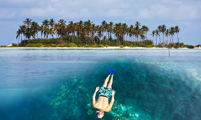 a man snorkelling in the Maldivess